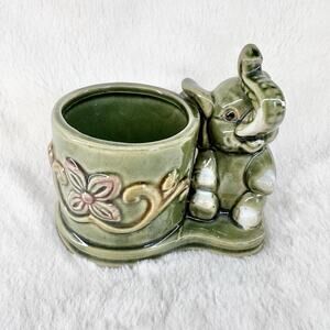 Vintage Majolica Style Green Ceramic Elephant Planter Lucky Trunk Up Floral